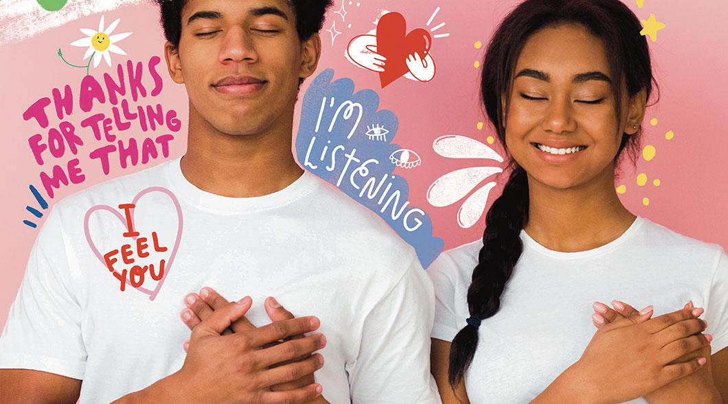 Image of two people with hands on heart surrounded by text like, "I&apos;m listening"