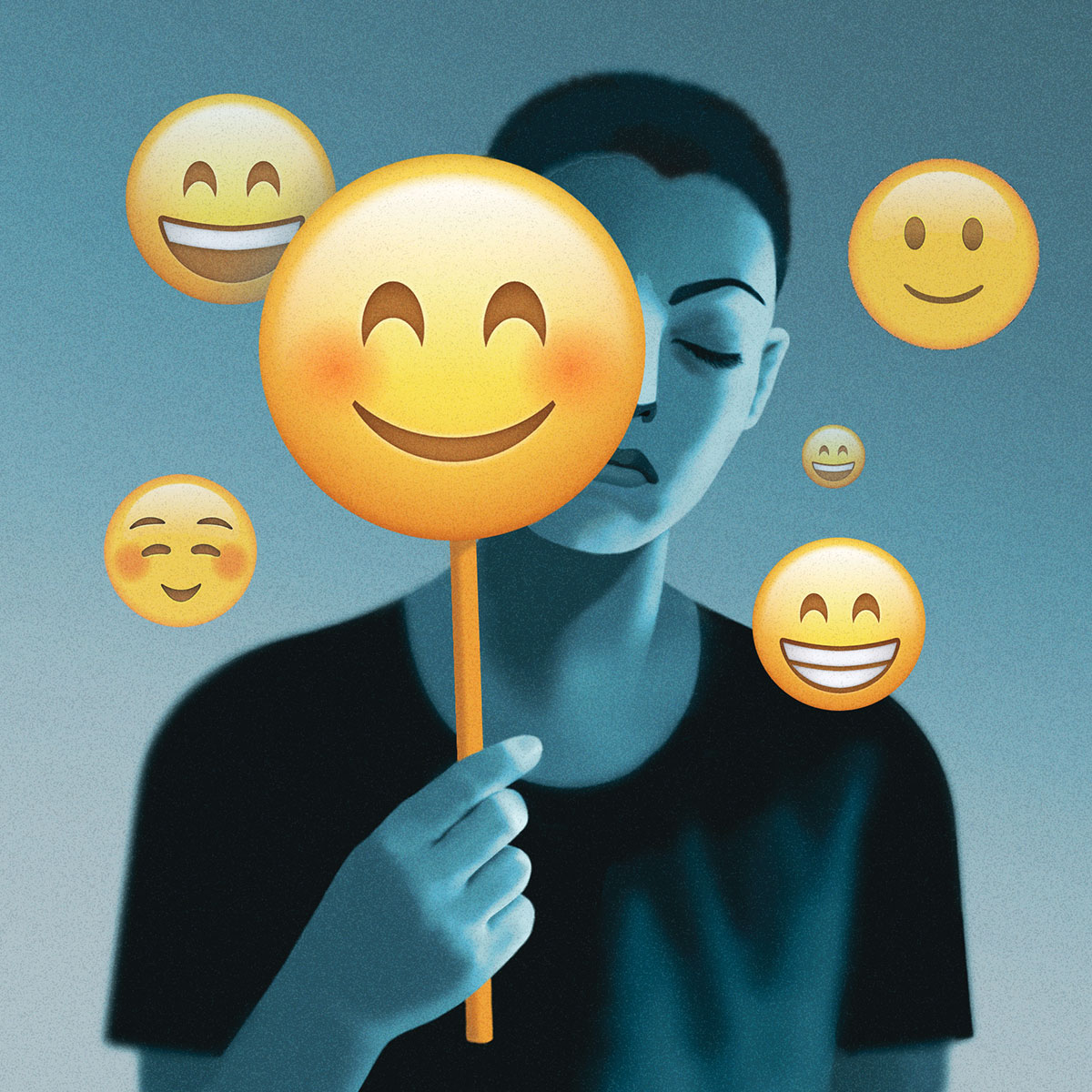 Illustration of unhappy teen using happy emojis as their mask