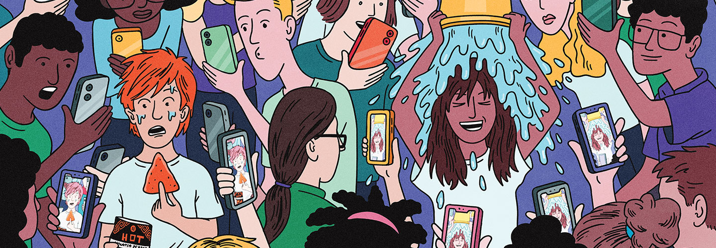 Illustration of teens doing crazy things and filming each other with their phones